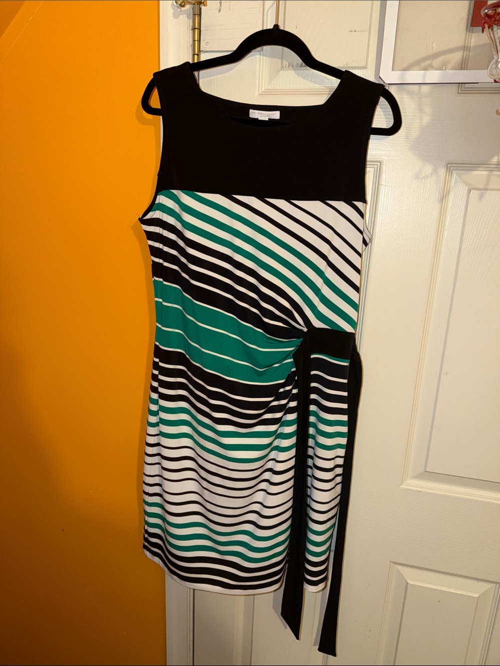 Sleeveless Black & Teal Striped Sheath Dress with Side Tie